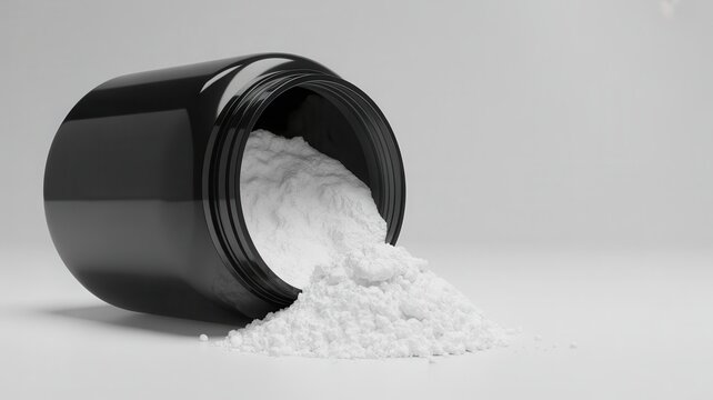 White powder spilling from black plastic jar isolated on white background