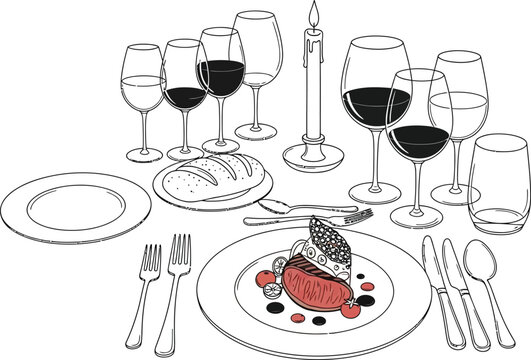Vector illustration of a formal dinner table setting with wine glasses and a plate of food