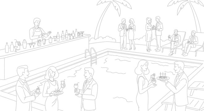 Bartender serving cocktails to guests by the poolside bar at a social event with people enjoying drinks and appetizers