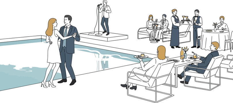 People enjoying a poolside party with a singer and food service