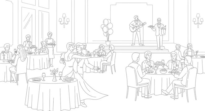 People enjoying a meal at a fancy restaurant with live music performance