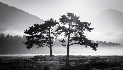 Obraz premium Majestic Trees in Misty Landscape A Serene Black and White Scene of Nature's Beauty Tranquil Outdoor Scenery.