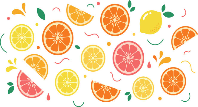 Fresh Citrus Slice Pattern Vector Set with Orange, Lemon, Grapefruit Pieces, Juicy Fruit Elements, and Healthy Organic Food Illustration Collection.