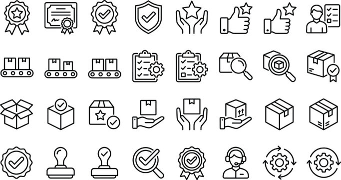 Quality Assurance and Delivery Icon Set Featuring Certification, Packaging, Inspection, Approval, Logistics, Warranty, Support, and Supply Chain Line Vector Symbols