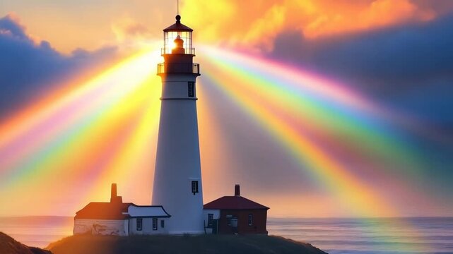 Fairy-tale lighthouse shines bright with vibrant rainbow rays at sunrise over tranquil ocean