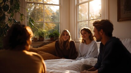 Fototapeta premium Four young friends gathered on a bed in a sunlit room enjoying a warm and relaxed conversation