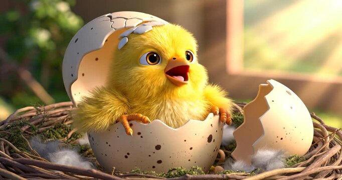 Cute yellow chick hatching eggs.