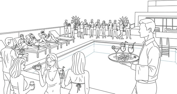 People enjoying a poolside party with a waiter holding a tray of drinks and snacks