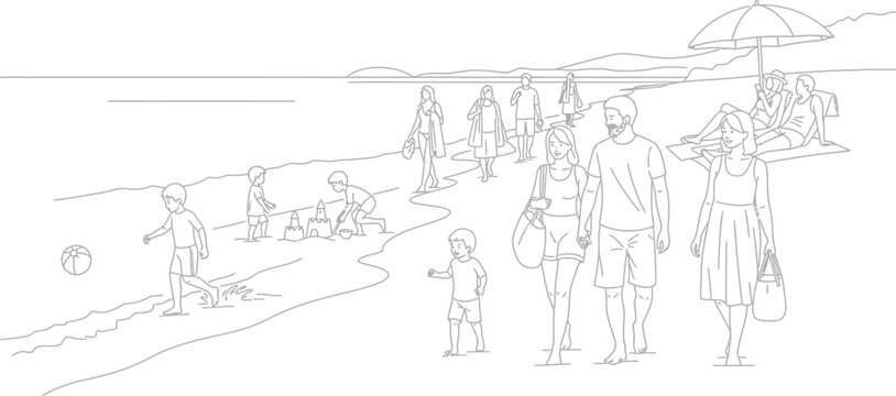 People enjoying a day at the beach with family and friends in a vector illustration