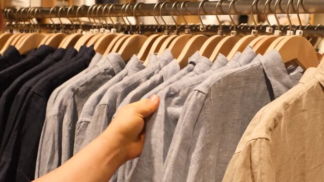 Man chooses a shirt hanging on hanger in store, side view.