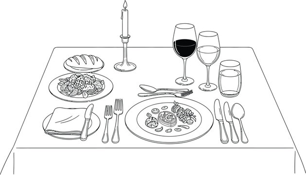 A formal dining table setting with wine glasses and candlelight