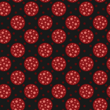 Meat slices with fat spots form an appetizing seamless pattern for menus. Sliced salami pattern