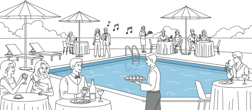 People enjoying a luxurious poolside party with a waiter carrying desserts