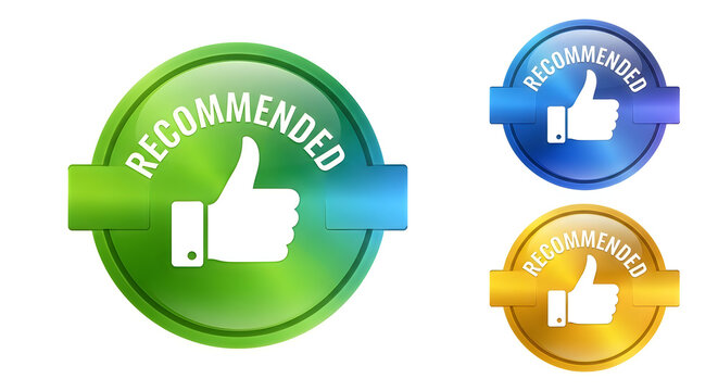 Colorful recommended badges featuring thumbs-up icons for approval or endorsement