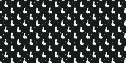 Cute white llama seamless pattern with polka dots on black. Cartoon alpaca repeating pattern © rymarenko