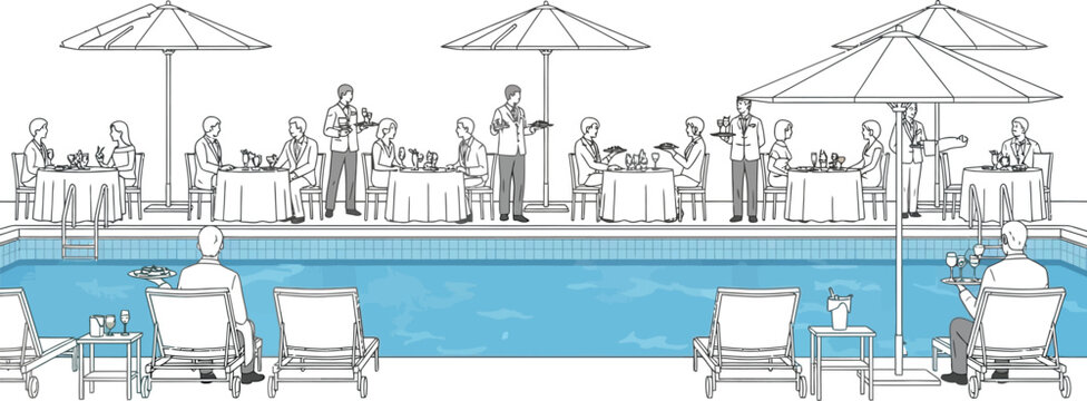 People dining by a swimming pool with waiters serving food and drinks in a vector graphic illustration