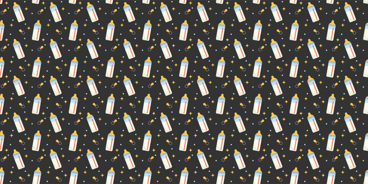 Baby bottle seamless pattern with pacifiers and stars on dark background. Newborn pattern