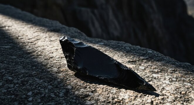Sharp Obsidian Stone Flaked on Rough Rocky Surface