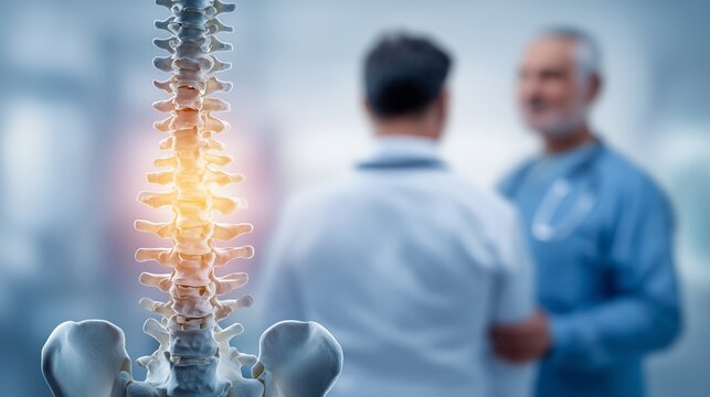 Human spine model in clinic foreground with doctor and patient blurred in background, representing pain management for skeletal trauma and soft tissue pain.