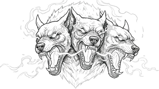 Fierce dog heads, angry canine faces, snarling mouths, tattoo style illustration, black and white vector