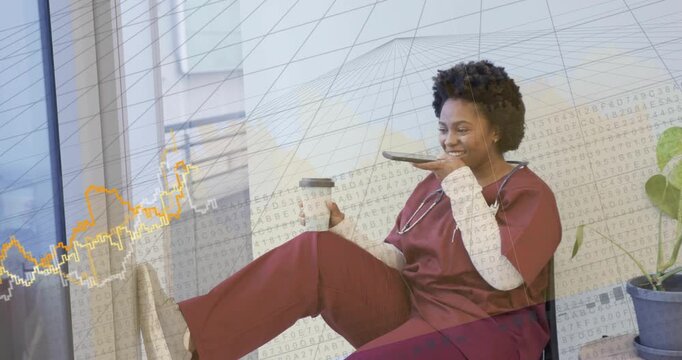 Nurse lifting phone on break speaking handsfree while yellow-white graph drifting near subject