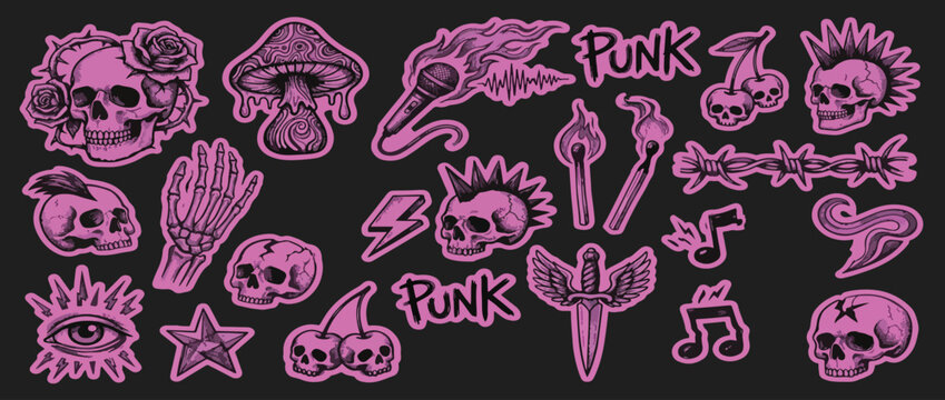 Punk rock tattoo collage. Emo punk grafitti with grunge skull eye fire star. 3d halftone, y2k doodle sticker art. Cutout collage music element. Neon dj scrapbook vector. Emo aura grafitti tattoo bg