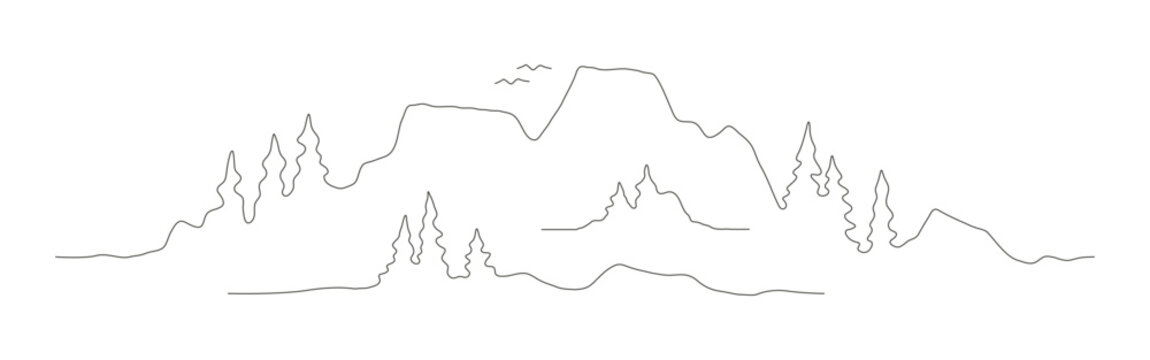 Minimalist line drawing of mountains, pine trees and birds