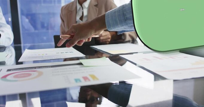 Right hand reaching and pointing at business reports with charts, panels sliding, LEVEL UP growing