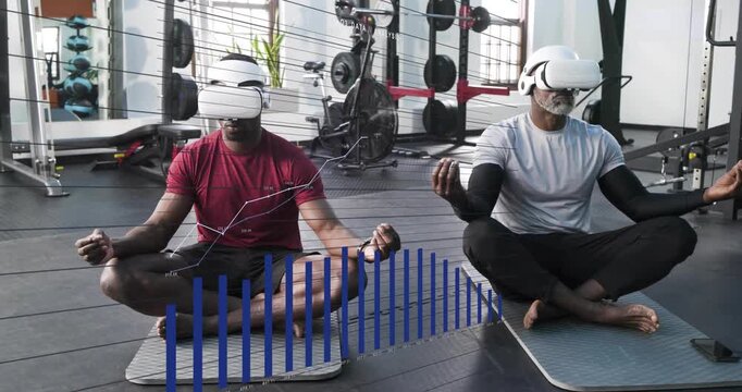 Two men sitting cross-legged on mats headsets syncing, AR bars rising sweeping right for meditation