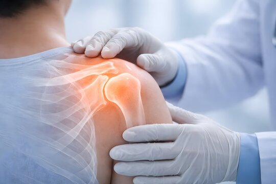 Clinician examining patient shoulder with highlighted joint pain to represent physical rehabilitation for pain management.