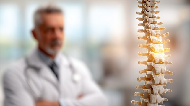 Doctor observing illuminated thoracic spine model indicating upper back pain, diagnostic focus, pain management and rehabilitation treatment.