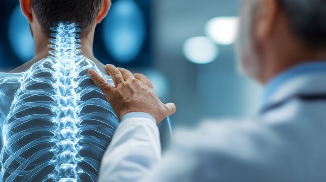 Clinician assessing spinal anatomy on imaging while placing a hand on patient shoulder, symbolizing physical rehabilitation for pain management and spinal therapy.