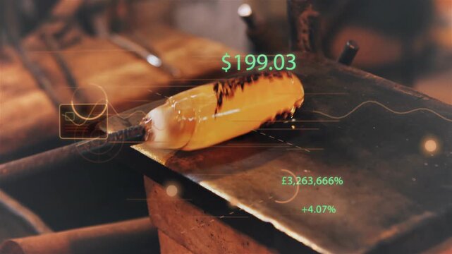 Placing molten glass gather on rod, it rolling and shaping char marks across marver, HUD $199