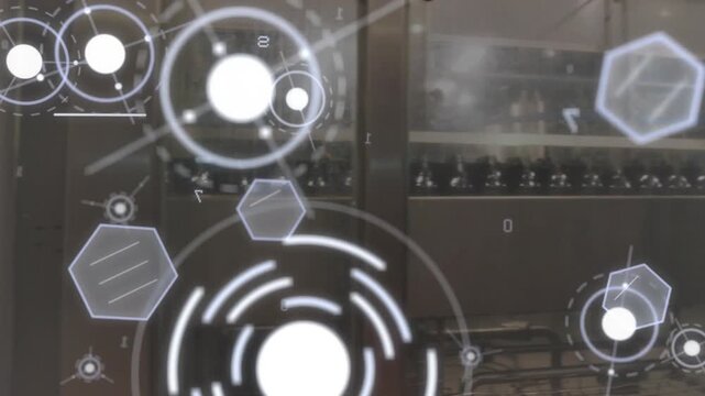 AR HUD centering target and nodes on glass camera panning right revealing rails monitoring factory