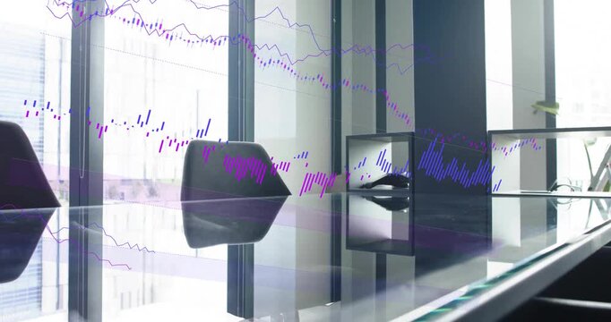 Glass table and swivel chair static, data causing finance overlays sweeping table showing markets