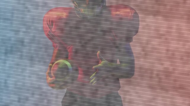 Scanline fog revealing torso, player shifting grip, showing football and preparing throw for sports