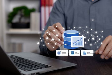 Business interface showing connected data sources, analytics dashboard, and data governance, representing information integration, insight generation, and structured data control.