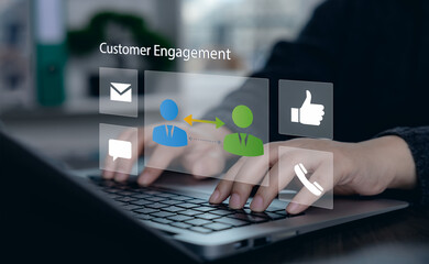 Naklejka premium Business interface showing customer engagement with email, chat, phone, and feedback icons, representing client interaction, communication channels, and relationship building.