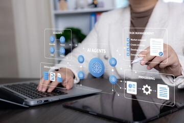 Business interface showing AI agents for task management, knowledge processing, research, planning, analysis, and automated workflow execution.