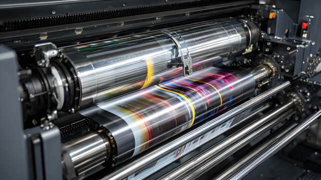 Industrial offset printing press machine rollers processing high speed color paper sheets