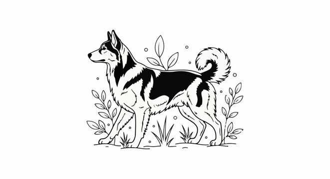 Stylized black and white illustration of a dog amidst foliage and scattered dots