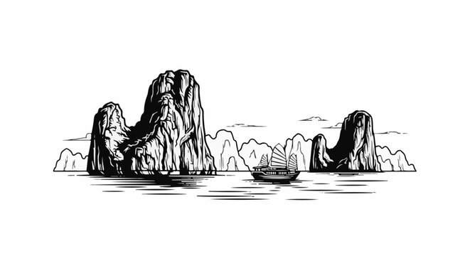 Stylized black and white illustration of a sailboat navigating between limestone karsts