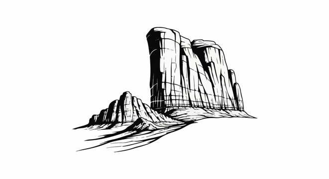 Stylized black and white illustration of majestic rock formations and desert landscape