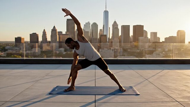 Athletic Man Performs Utthita Trikonasana Yoga Pose on Rooftop Terrace With Panoramic City Skyline View During Golden Hour Sunlight