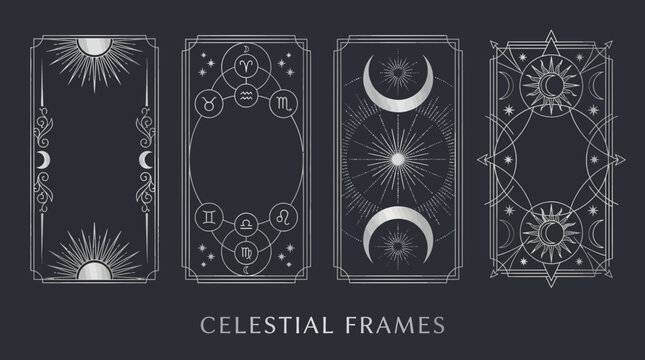Set of mystical silver celestial frames with sun moon stars and zodiac symbols on dark background, concept for tarot card design, astrological layout and esoteric spiritual branding