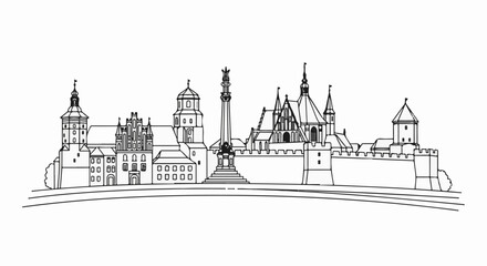 Obraz premium Stylized black and white line drawing of a historic city skyline with distinct towers and buildings