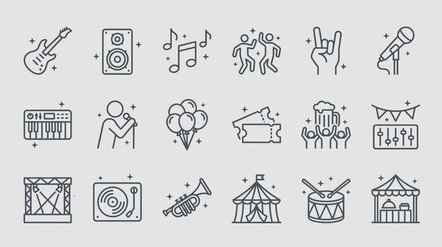Set of minimalist music festival and concert event line icons featuring musical instruments, audio equipment and celebration symbols, concept for event app, party flyer and concert promotion
