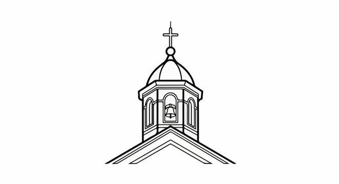 Stylized drawing of a church bell tower with a cross on top