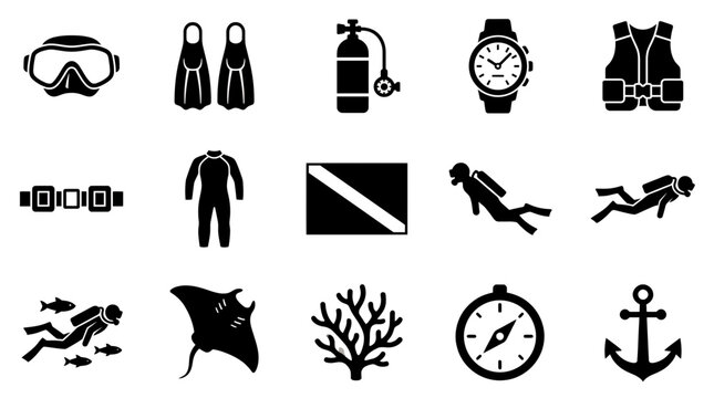 Set of black scuba diving equipment and professional underwater exploration icons isolated on white background, concept for aquatic sports infographic, marine travel agency and diving course