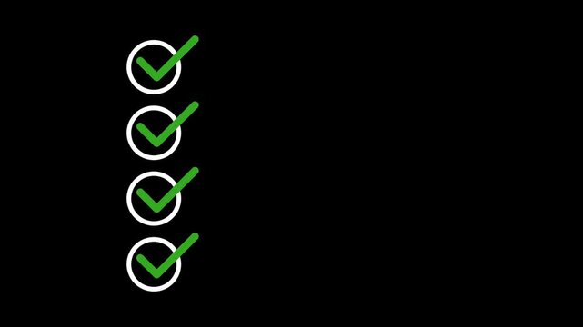 Checklist animation with green check marks appearing one by one on transparent background alpha channel clean minimal task completion concept for workflow approval progress tracking ui motion design
